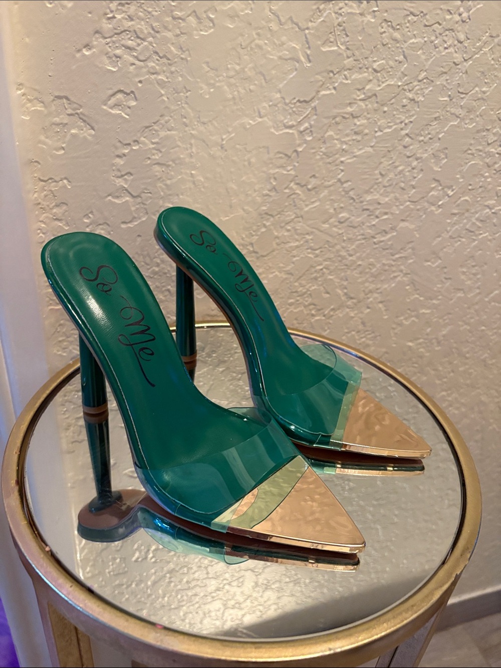 So Me Emerald Green Clear Strap Stiletto Heels with Gold Toe Cap